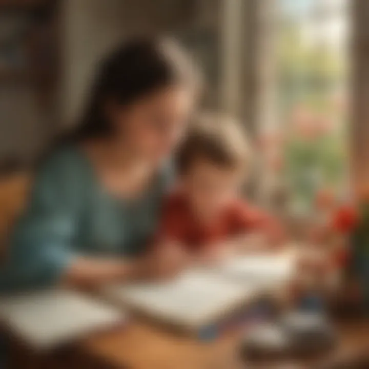 A child writing a poem in a journal dedicated to their mother