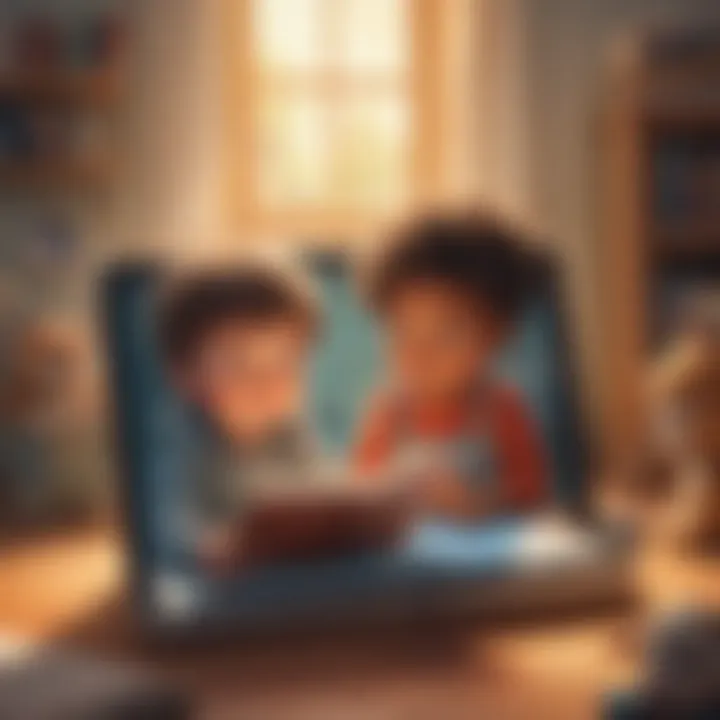 An engaging scene of a child reading on a tablet with animated characters