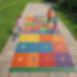 Kids playing hopscotch on colorful outdoor mat