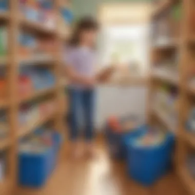 Child organizing toys in bins