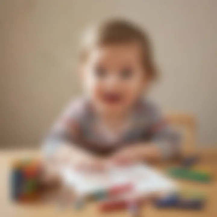 Two-year-old happily engaged in artistic play with crayons and paper