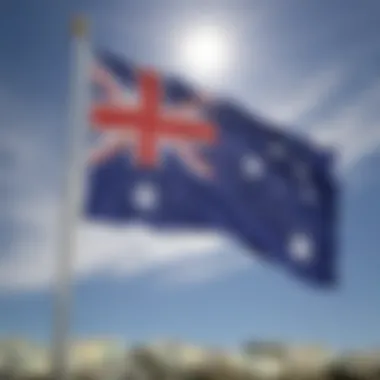 Australian flag waving in the wind symbolizing currency strength