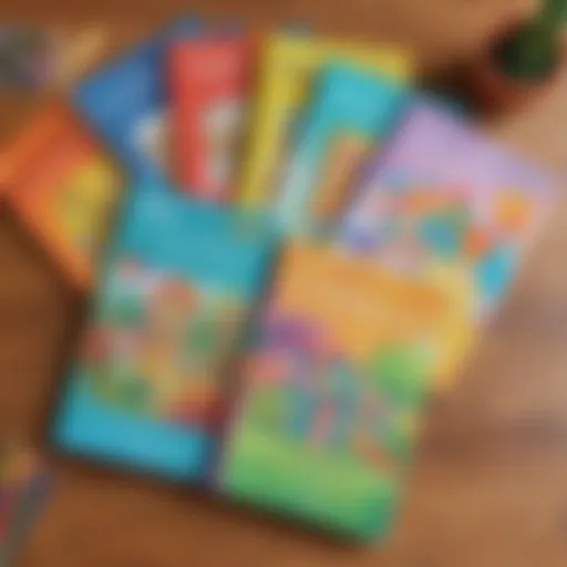 Colorful homeschooling workbooks arranged on a table