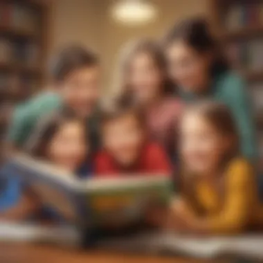 A group of children smiling while playing educational reading games together.