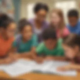 Illustration of a group of diverse 5th graders engrossed in reading worksheets