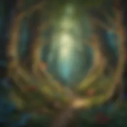Illustration of a magical forest scene with mystical creatures and hidden treasures