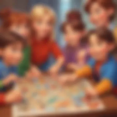Animated Characters Solving a Puzzle A close-up of animated characters solving a puzzle together, promoting teamwork.