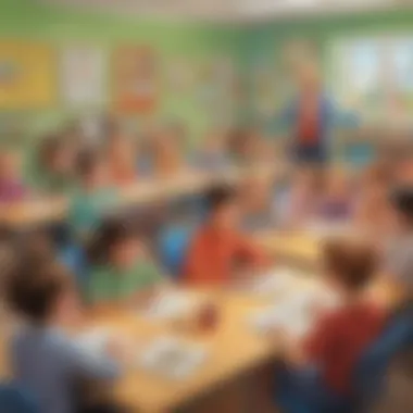 Classroom Discussion on Favorite Characters A vibrant classroom setting with children gathered around, discussing their favorite cartoon characters.