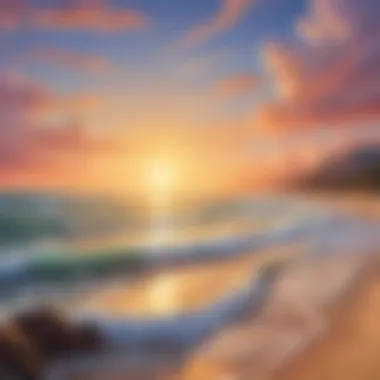 A serene beach with gentle waves and a radiant sunset