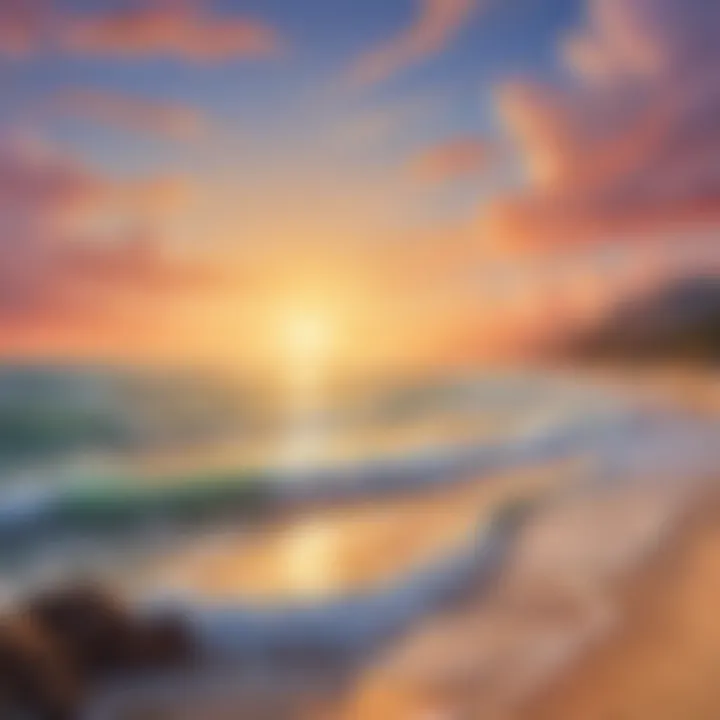 A serene beach with gentle waves and a radiant sunset