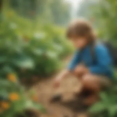 Child exploring nature and learning about plants and insects