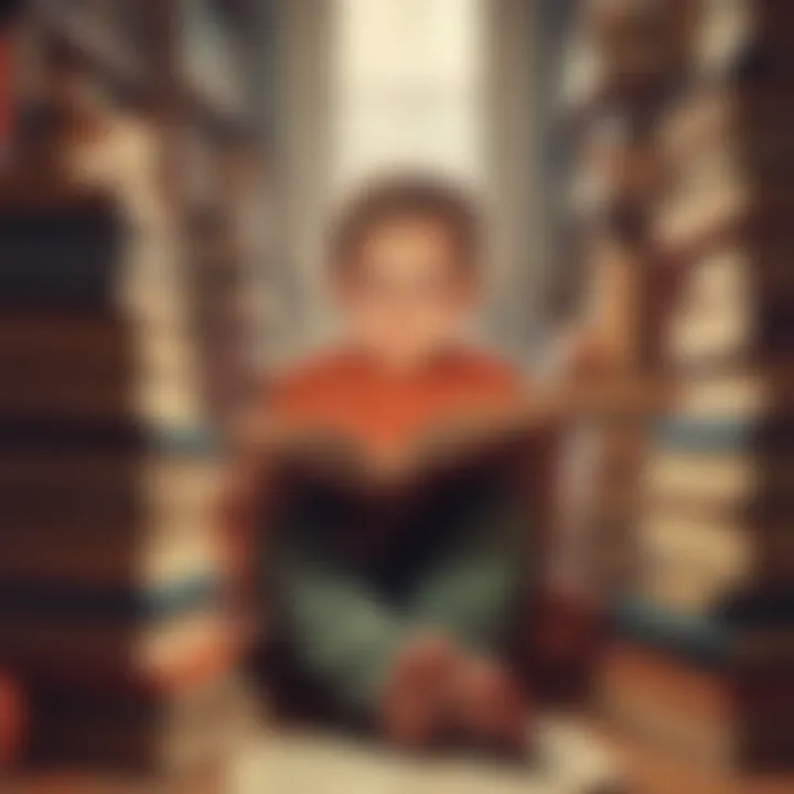 Illustration of a young child immersed in reading with a stack of books beside them