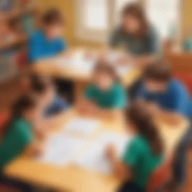 Illustration of children collaborating on solving addition problems