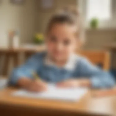 A child joyfully practicing writing sentences with a pencil and paper.