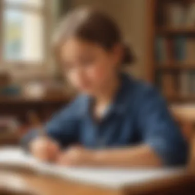 A child writing an essay with a thoughtful expression