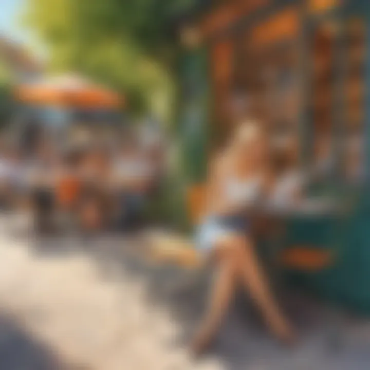 An adult engrossed in a book at a vibrant outdoor café.