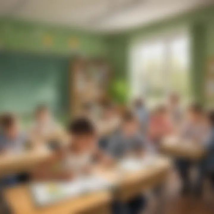 Classroom with a spring-themed lesson on the board