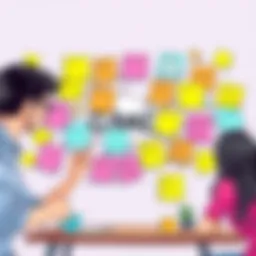 A vibrant brainstorming session with colorful sticky notes depicting game ideas.