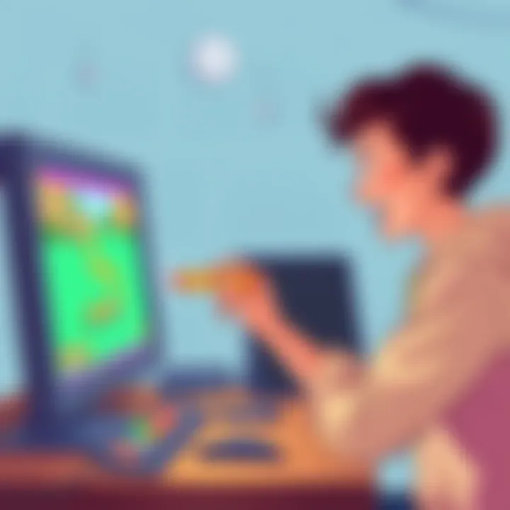 A young innovator testing their game on a computer, with excitement on their face.