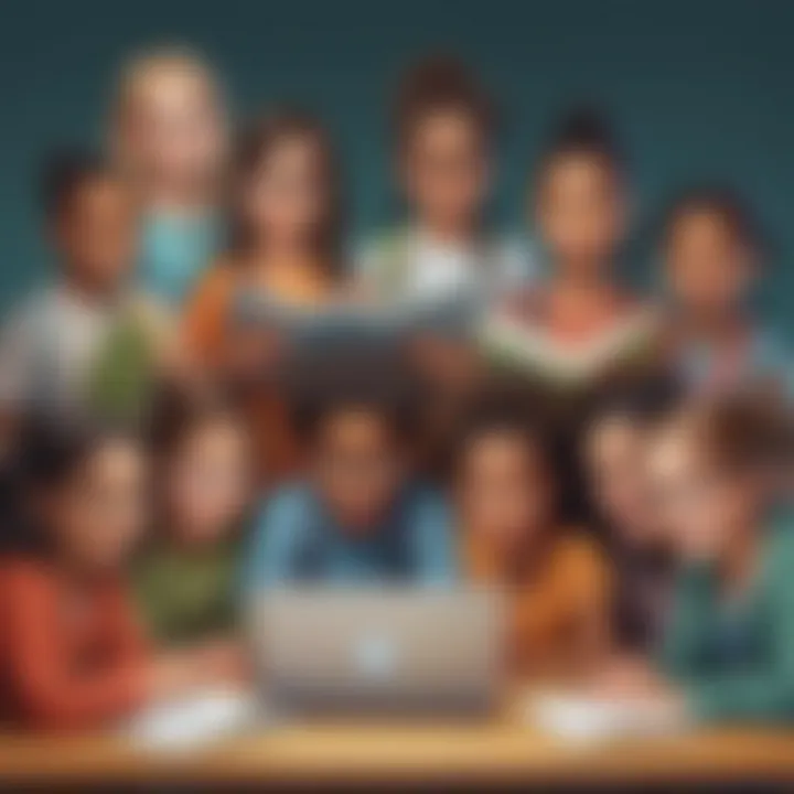 Illustration of a diverse group of elementary school children learning online