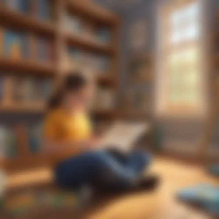 Illustration of a virtual library filled with interactive reading material for kids