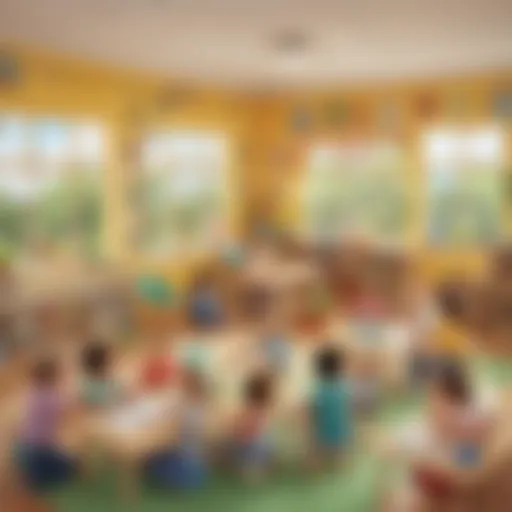 Illustration of a kindergarten classroom with children engaging in CVC word activities