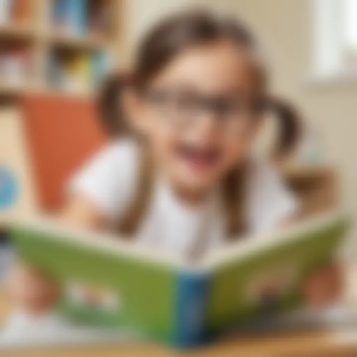 Illustration of a child happily reading a CVC word book