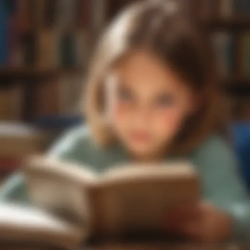 Illustration of a young child engaged in reading a book with a focused expression.