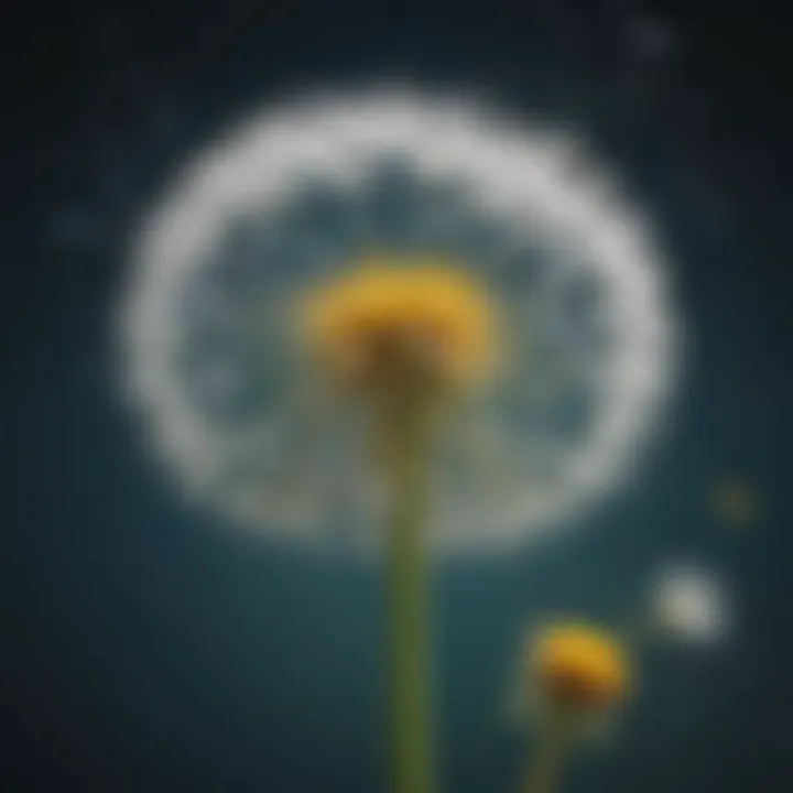A delicate dandelion in full bloom with seeds floating in the air