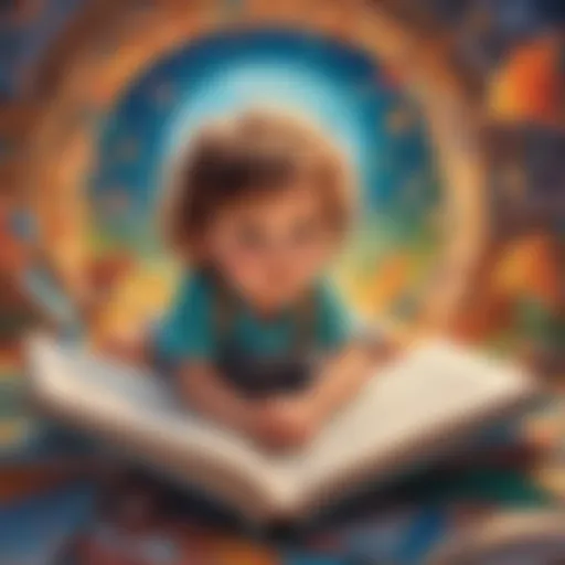 A child immersed in a book, surrounded by colorful illustrations that spark imagination.