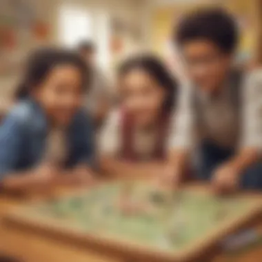 Illustration of a group of diverse elementary school kids playing educational games