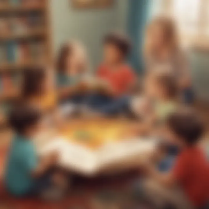 Illustration of a diverse group of kindergarten children sharing and discussing their favorite books