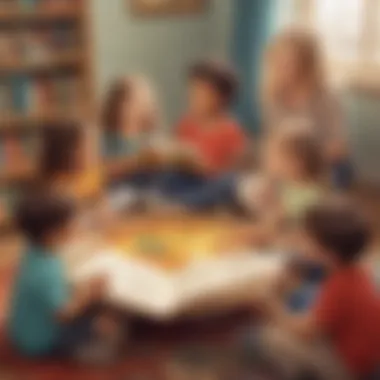 Interactive Reading Circle Illustration of a diverse group of kindergarten children sharing and discussing their favorite books