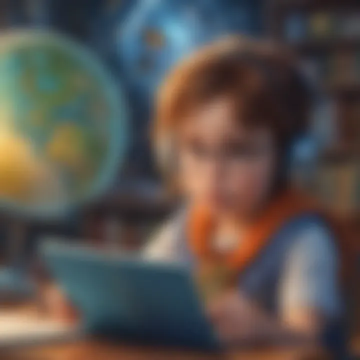 Illustration depicting a curious elementary school child exploring a virtual world of knowledge on ElemFun