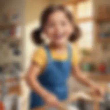 Illustration of elementary school child happily completing chores