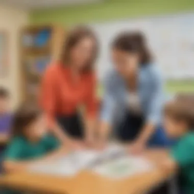 A teacher guiding young students in a structured lesson