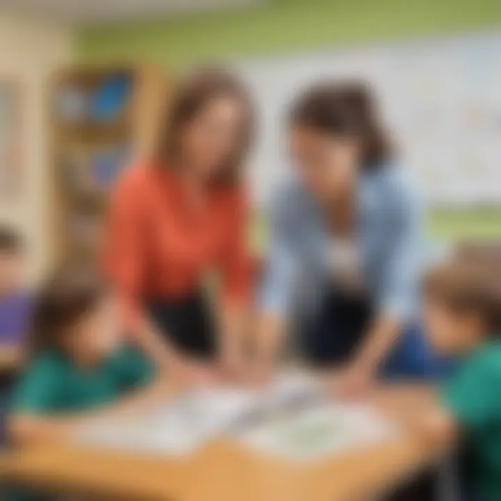 A teacher guiding young students in a structured lesson