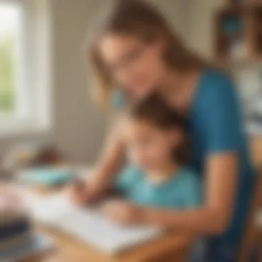 Parent-Child Collaboration on Spelling Exercises A parent and child collaborating on spelling exercises at home