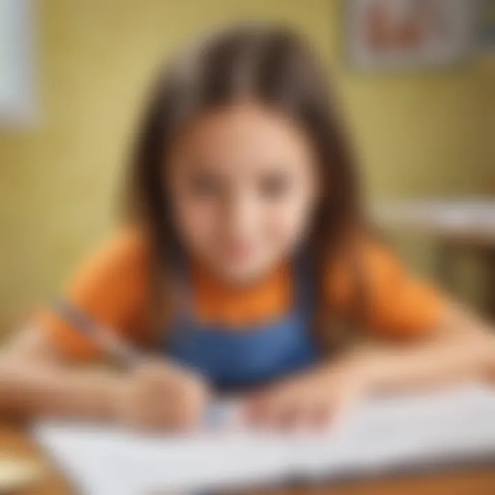 A child happily writing spelling words in a notebook