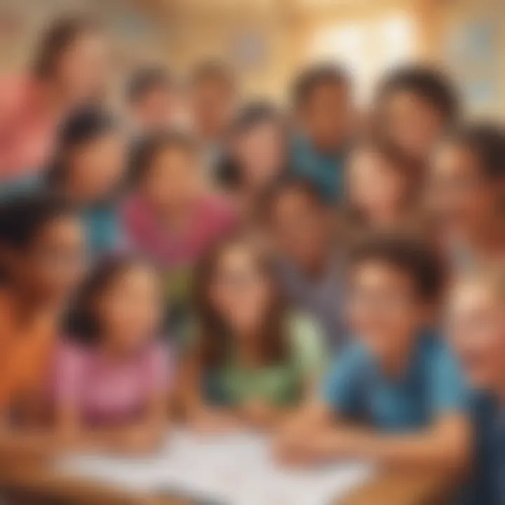 Illustration of a diverse group of elementary school children engaged in a quiz on ElemFun