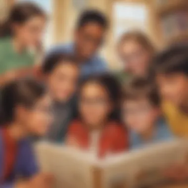 Illustration showcasing a diverse group of elementary school children reading fun educational articles