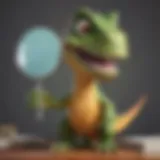 A colorful and playful meme featuring a cartoon dinosaur holding a magnifying glass