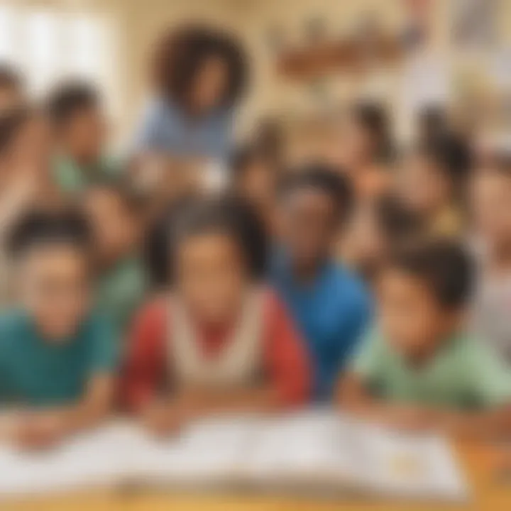 Illustration of a group of diverse elementary school children engaged in educational activities