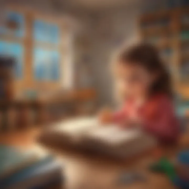 Illustration depicting a child immersed in a digital kindergarten story