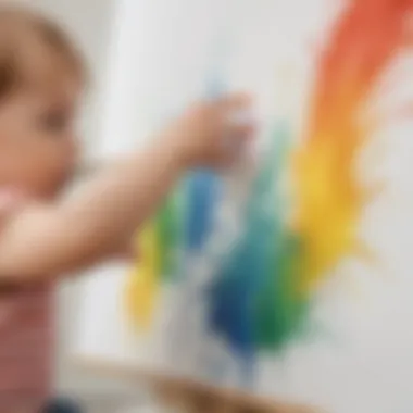 Toddler painting with fingers on a large canvas