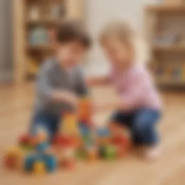 Two toddlers engaging in interactive play with building blocks.