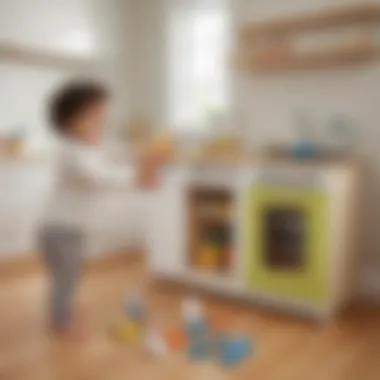 Toddler engaging in pretend play with toy kitchen set