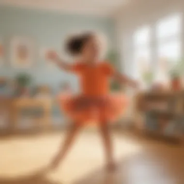 Child dancing joyfully to music in a brightly lit room