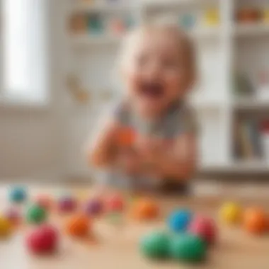 Toddler laughing while playing with colorful playdough