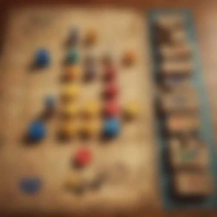 Close-up of game pieces on a beautifully designed game board.